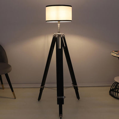 Vintage White with Cotton Shade Tripod Design Wooden Base Floor Lamps | 24 x 24 x 56 inches