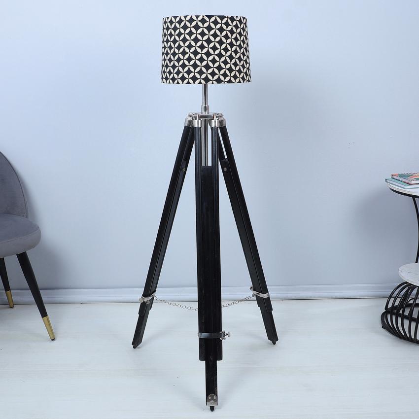 Vintage Geometric Print with Satin Shade Tripod Design Wooden Base Floor Lamps | 24 x 24 x 56 inches