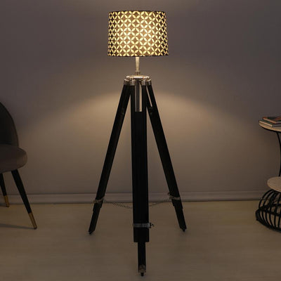 Vintage Geometric Print with Satin Shade Tripod Design Wooden Base Floor Lamps | 24 x 24 x 56 inches