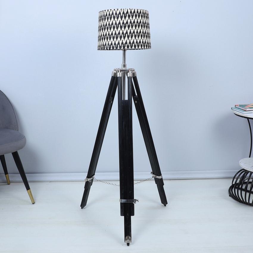 Vintage Chevron Print with Satin Shade Tripod Design Wooden Base Floor Lamps | 24 x 24 x 56 inches