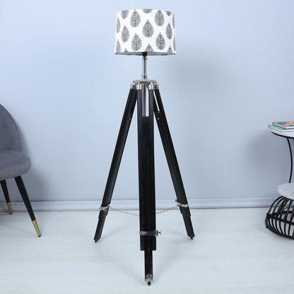 Vintage Big Leaf Print with Satin Shade Tripod Design Wooden Base Floor Lamps | 24 x 24 x 56 inches