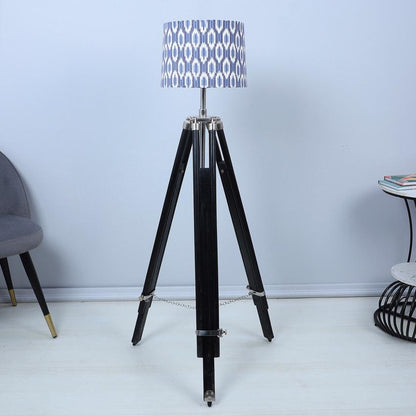 Vintage Ikkat Print with Satin Shade Tripod Design Wooden Base Floor Lamps | 24 x 24 x 56 inches