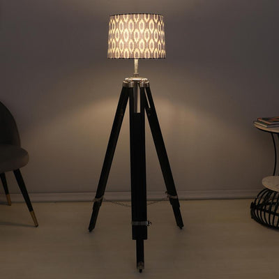 Vintage Ikkat Print with Satin Shade Tripod Design Wooden Base Floor Lamps | 24 x 24 x 56 inches