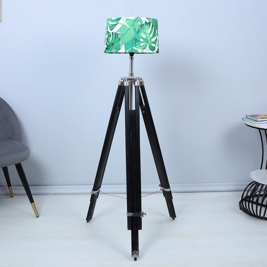 Vintage Palm Print with Satin Shade Tripod Design Wooden Base Floor Lamps | 24 x 24 x 56 inches