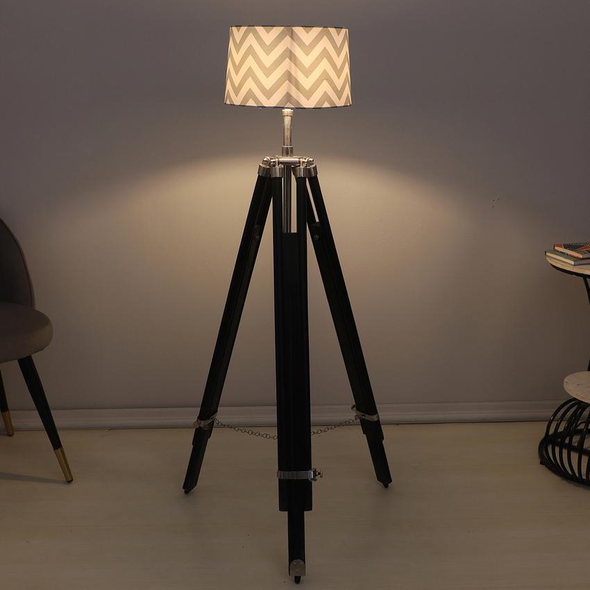 Vintage Maze Print with Satin Shade Tripod Design Wooden Base Floor Lamps | 24 x 24 x 56 inches