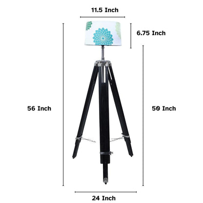 Vintage Dahlia Floral Print with Satin Shade Tripod Design Wooden Base Floor Lamps | 24 x 24 x 56 inches