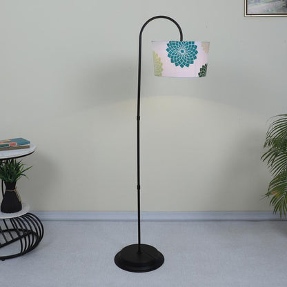 Modern Dahlia Floral Print with Satin Shade Downlighter Design Iron Base Floor Lamps | 15 x 53 inches