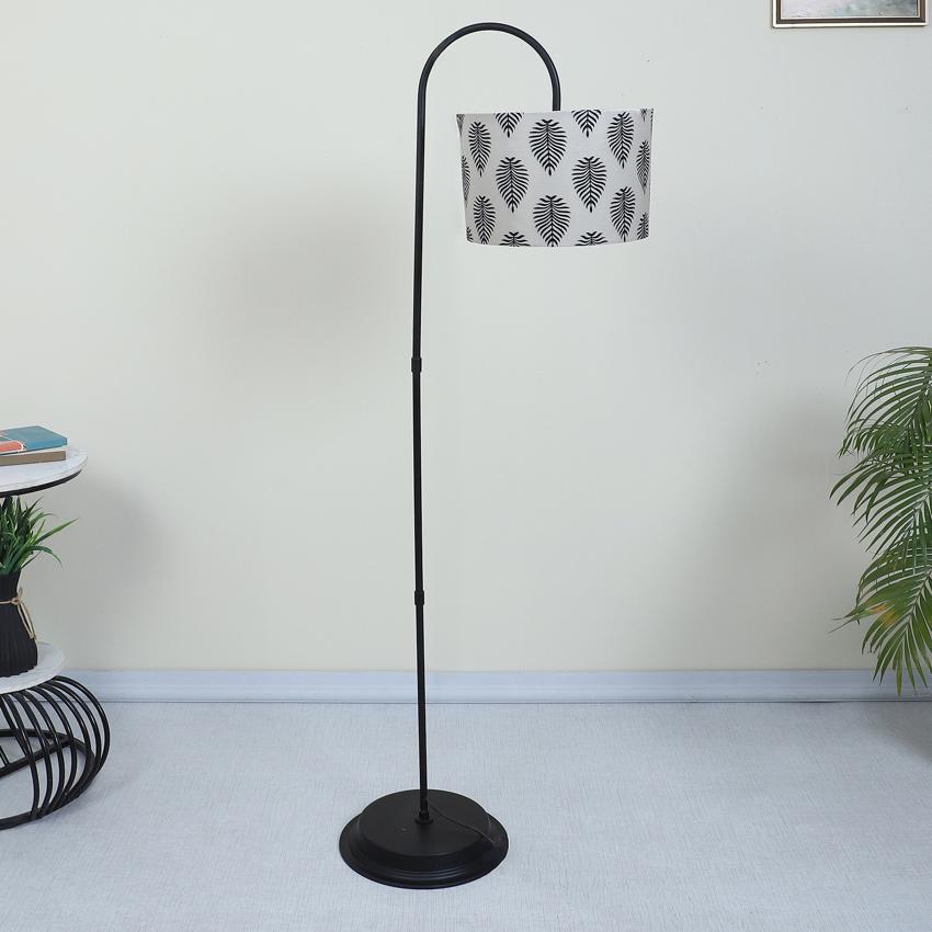 Modern Big Leaf Print with Satin Shade Downlighter Design Iron Base Floor Lamps | 15 x 53 inches