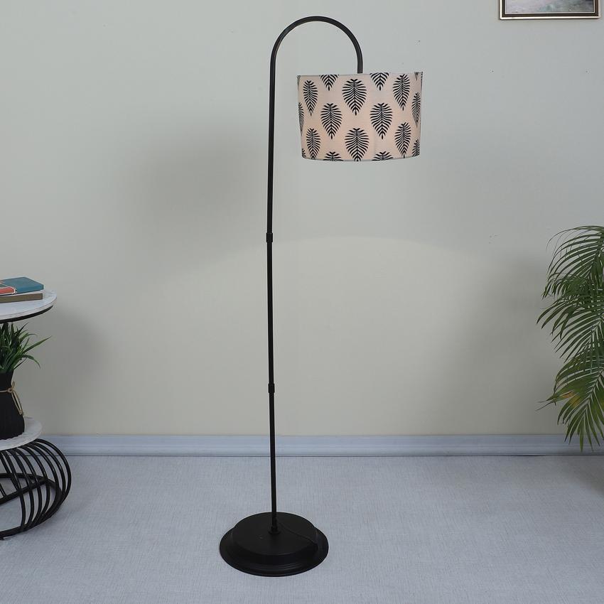 Modern Big Leaf Print with Satin Shade Downlighter Design Iron Base Floor Lamps | 15 x 53 inches