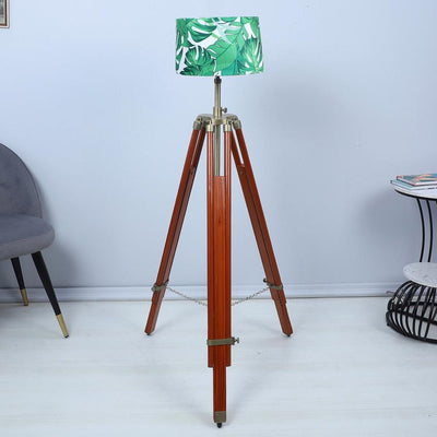 Vintage Palm Print with Satin Shade Tripod Design Wooden Base Floor Lamps | 24 x 56 inches