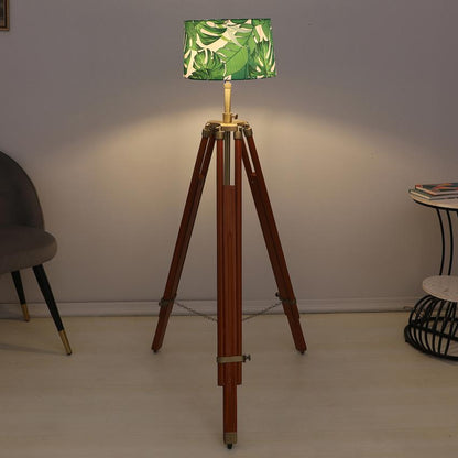 Vintage Palm Print with Satin Shade Tripod Design Wooden Base Floor Lamps | 24 x 56 inches