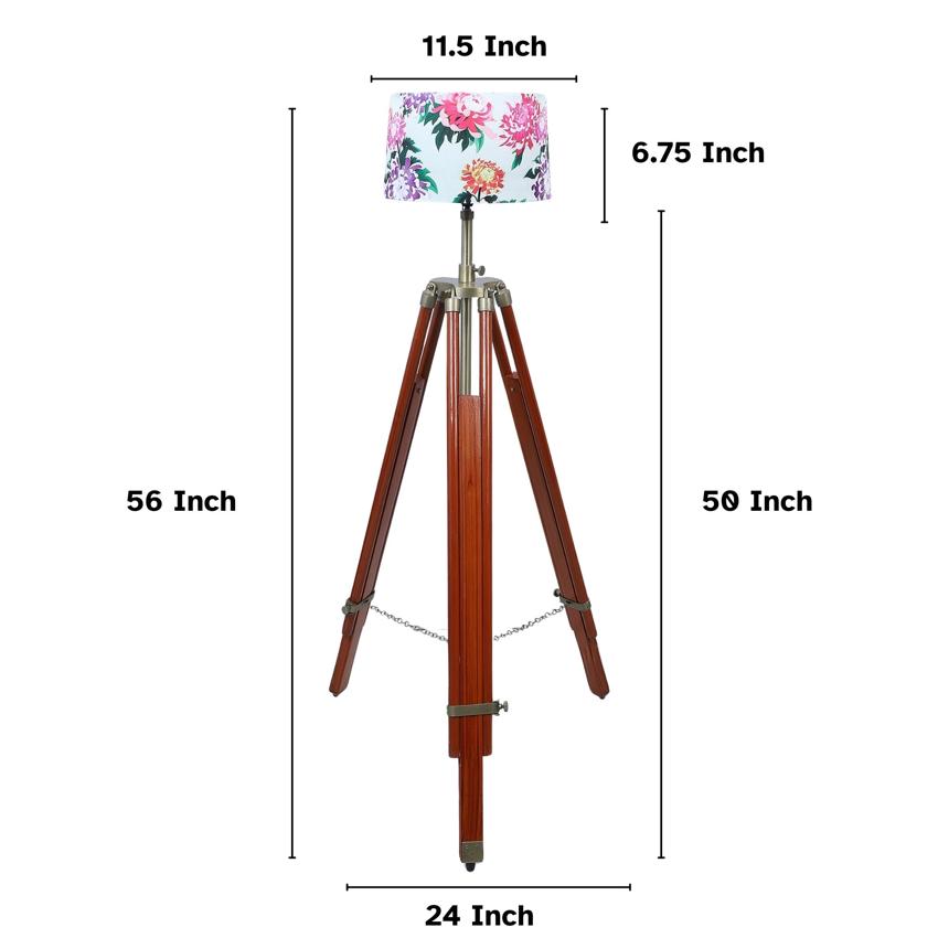 Vintage Carnation Print with Satin Shade Tripod Design Wooden Base Floor Lamps | 24 x 56 inches