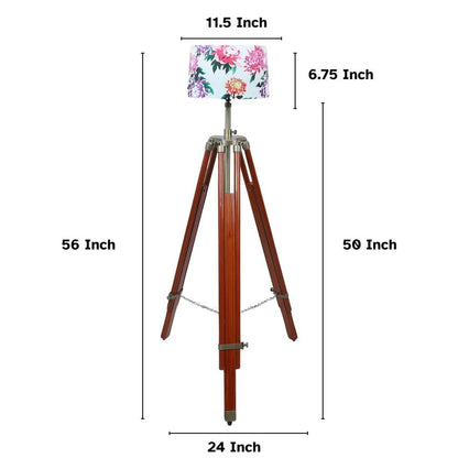 Vintage Carnation Print with Satin Shade Tripod Design Wooden Base Floor Lamps | 24 x 56 inches