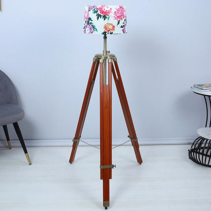 Vintage Carnation Print with Satin Shade Tripod Design Wooden Base Floor Lamps | 24 x 56 inches