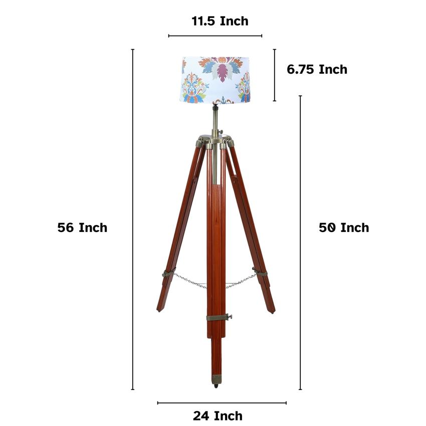 Vintage English Oak Print with Satin Shade Tripod Design Wooden Base Floor Lamps | 24 x 56 inches