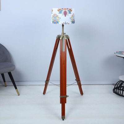 Vintage English Oak Print with Satin Shade Tripod Design Wooden Base Floor Lamps | 24 x 56 inches