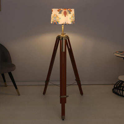 Vintage English Oak Print with Satin Shade Tripod Design Wooden Base Floor Lamps | 24 x 56 inches