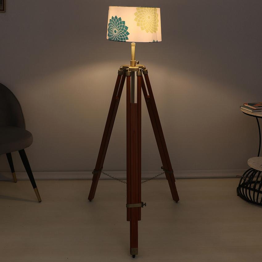 Vintage Dahlia Floral Print with Satin Shade Tripod Design Wooden Base Floor Lamps | 24 x 56 inches