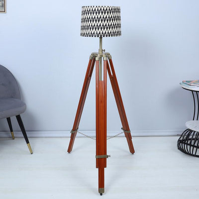 Vintage Chevron Print with Satin Shade Tripod Design Wooden Base Floor Lamps | 24 x 56 inches