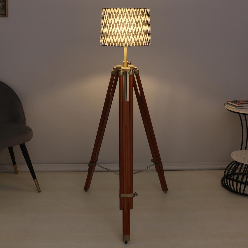 Vintage Chevron Print with Satin Shade Tripod Design Wooden Base Floor Lamps | 24 x 56 inches