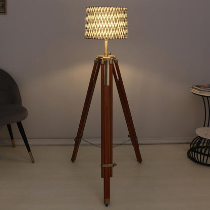 Vintage Chevron Print with Satin Shade Tripod Design Wooden Base Floor Lamps | 24 x 56 inches