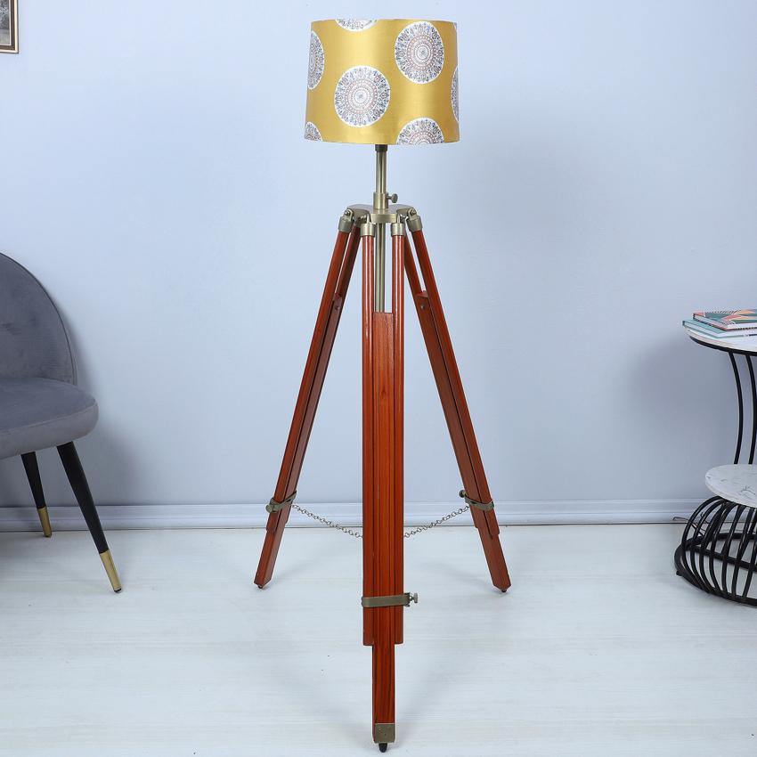 Vintage Mandala Print with Satin Shade Tripod Design Wooden Base Floor Lamps | 24 x 56 inches