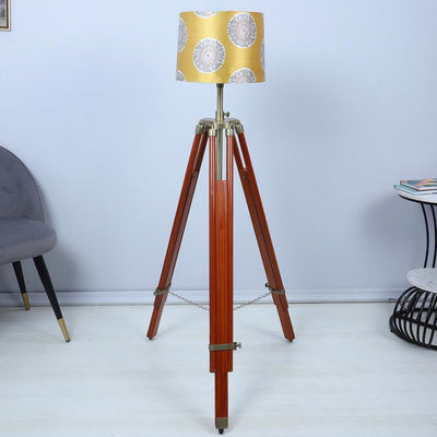 Vintage Mandala Print with Satin Shade Tripod Design Wooden Base Floor Lamps | 24 x 56 inches