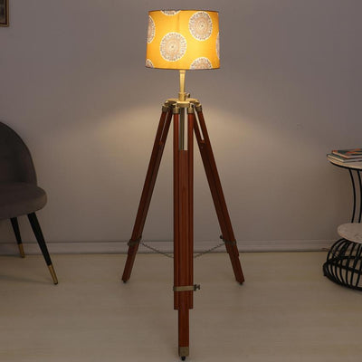 Vintage Mandala Print with Satin Shade Tripod Design Wooden Base Floor Lamps | 24 x 56 inches