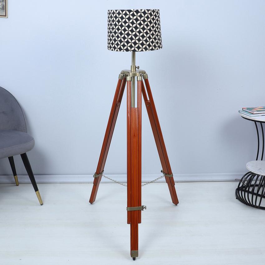 Vintage Geometric Print with Satin Shade Tripod Design Wooden Base Floor Lamps | 24 x 56 inches