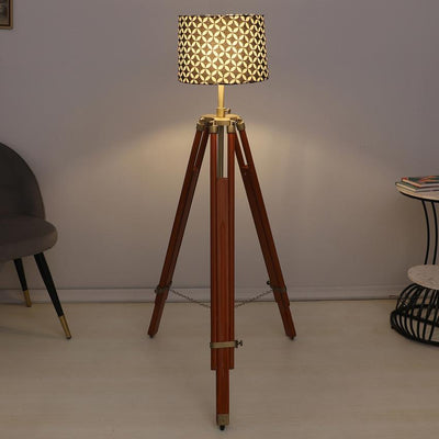 Vintage Geometric Print with Satin Shade Tripod Design Wooden Base Floor Lamps | 24 x 56 inches