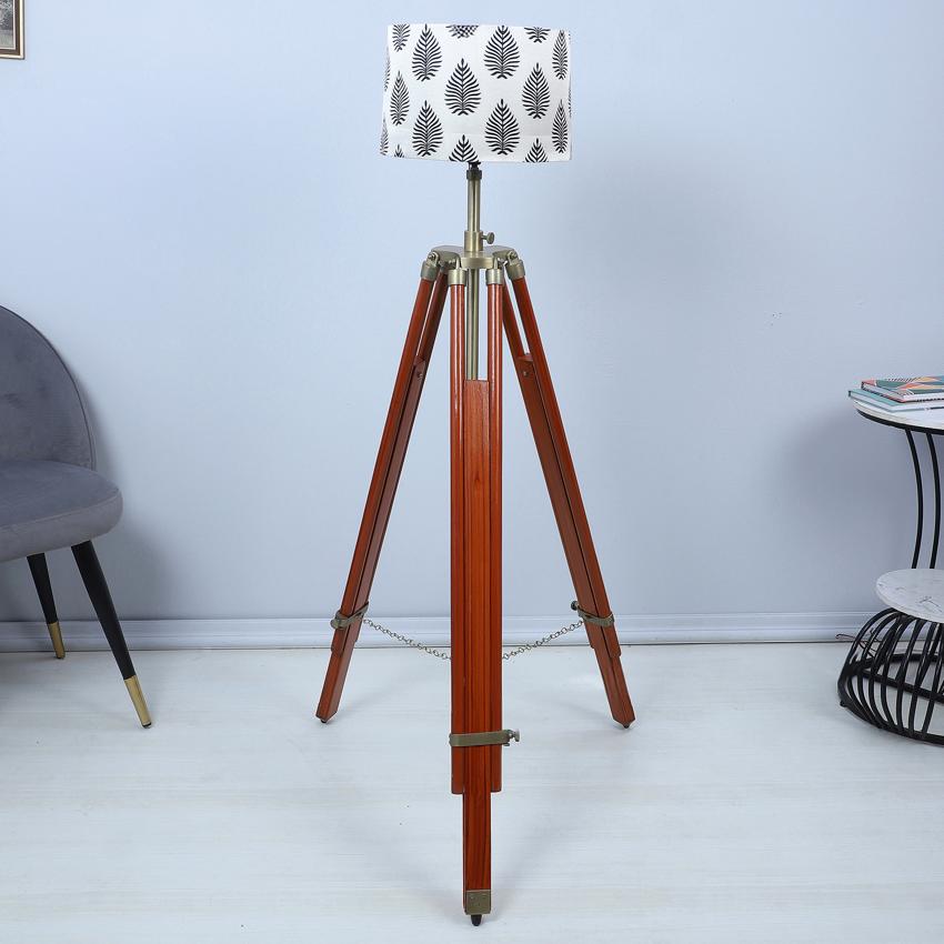 Vintage Big Leaf Print with Satin Shade Tripod Design Wooden Base Floor Lamps | 24 x 56 inches