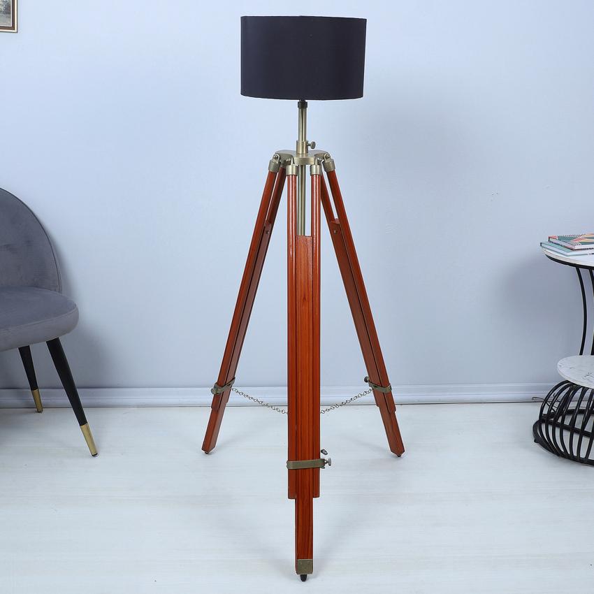 Vintage Black with Cotton Shade Tripod Design Wooden Base Floor Lamps | 24 x 56 inches