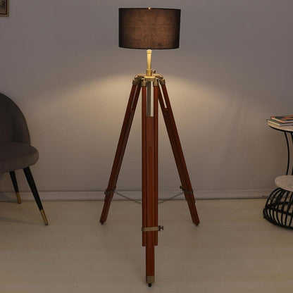 Vintage Black with Cotton Shade Tripod Design Wooden Base Floor Lamps | 24 x 56 inches