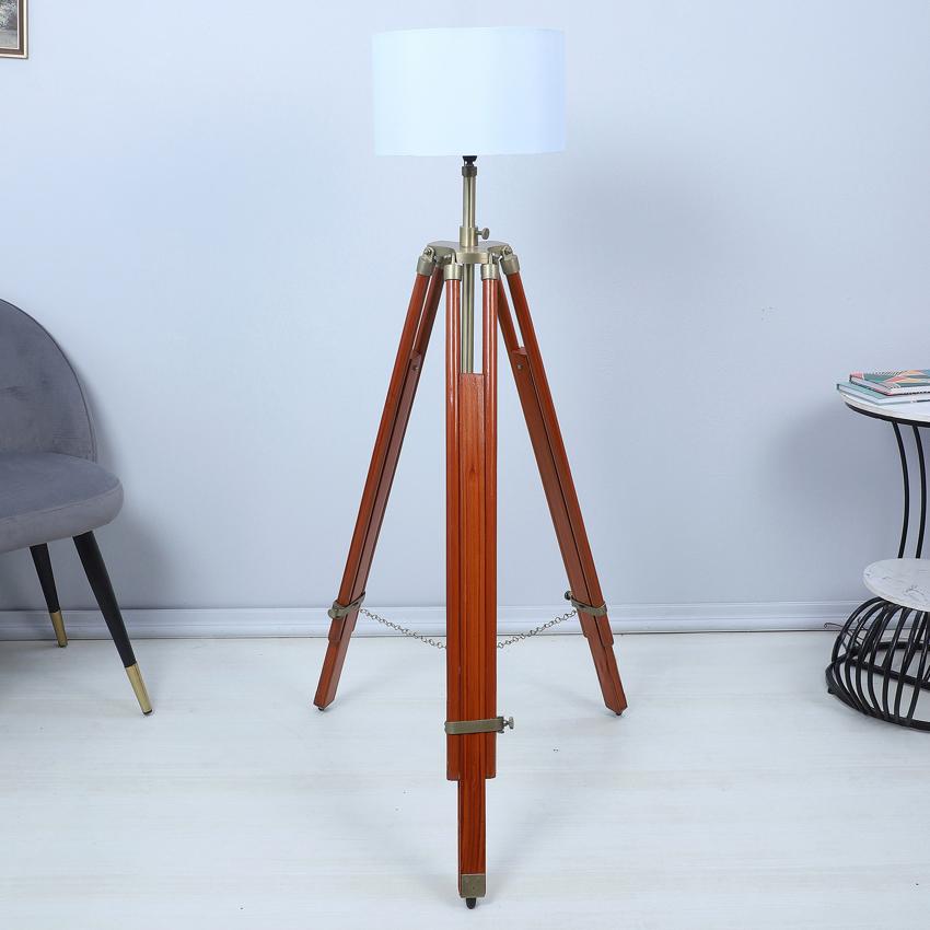 Vintage White with Cotton Shade Tripod Design Wooden Base Floor Lamps | 24 x 56 inches