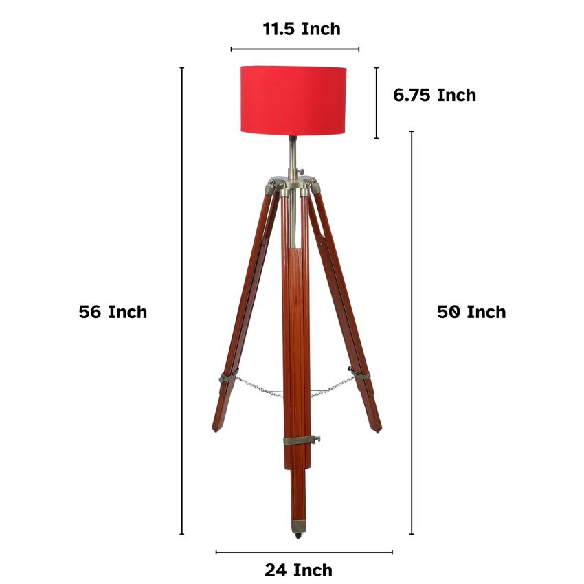 Vintage Red with Cotton Shade Tripod Design Wooden Base Floor Lamps | 24 x 56 inches