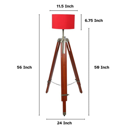 Vintage Red with Cotton Shade Tripod Design Wooden Base Floor Lamps | 24 x 56 inches