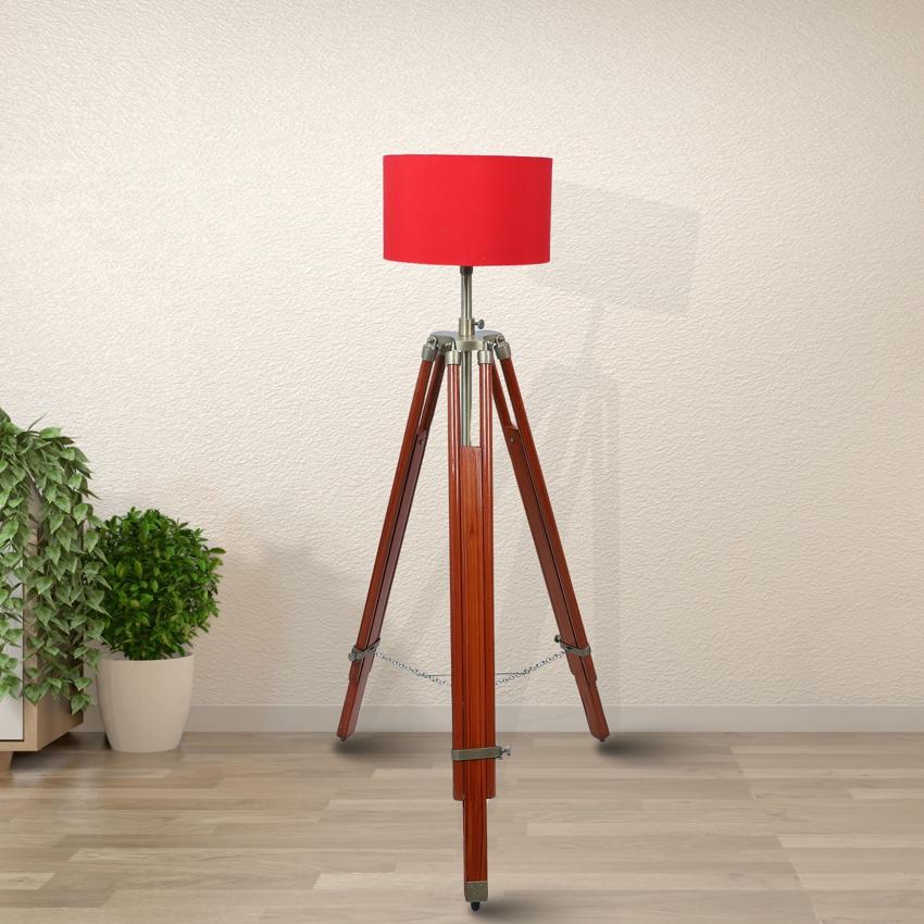 Vintage Red with Cotton Shade Tripod Design Wooden Base Floor Lamps | 24 x 56 inches