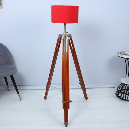 Vintage Red with Cotton Shade Tripod Design Wooden Base Floor Lamps | 24 x 56 inches