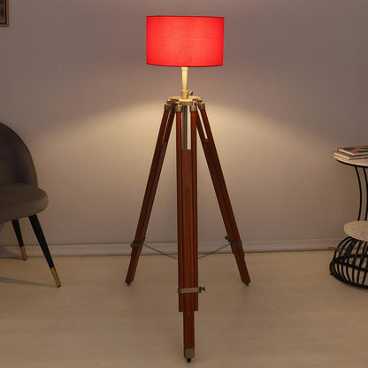 Vintage Red with Cotton Shade Tripod Design Wooden Base Floor Lamps | 24 x 56 inches