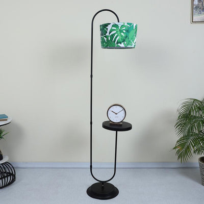 Trendy Palm Print with Satin Shade Design Metal Base Foldable Floor Lamp with Shelf | 12 x 15 x 60 inches