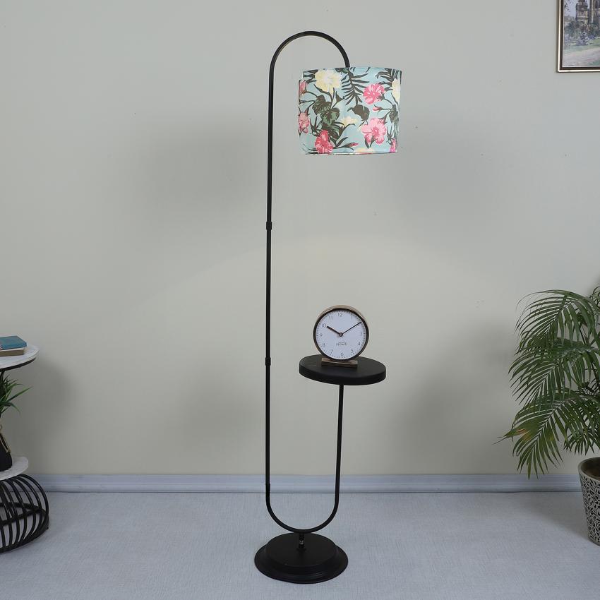 Tropical Tropical Print with Satin Shade Design Metal Base Foldable Floor Lamp with Shelf | 12 x 15 x 60 inches