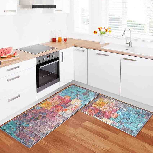 Oil Squares Abstract Nylon Anti-Slip Runner & Floor Mat Set