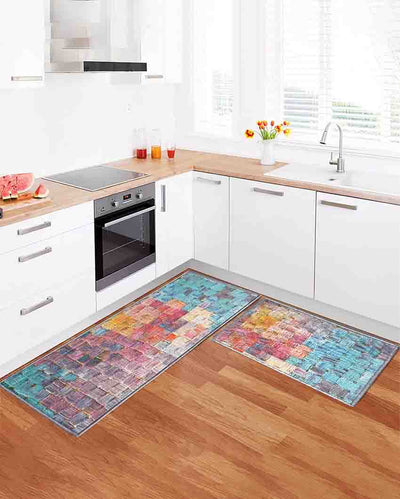 Oil Squares Abstract Nylon Anti-Slip Runner & Floor Mat Set