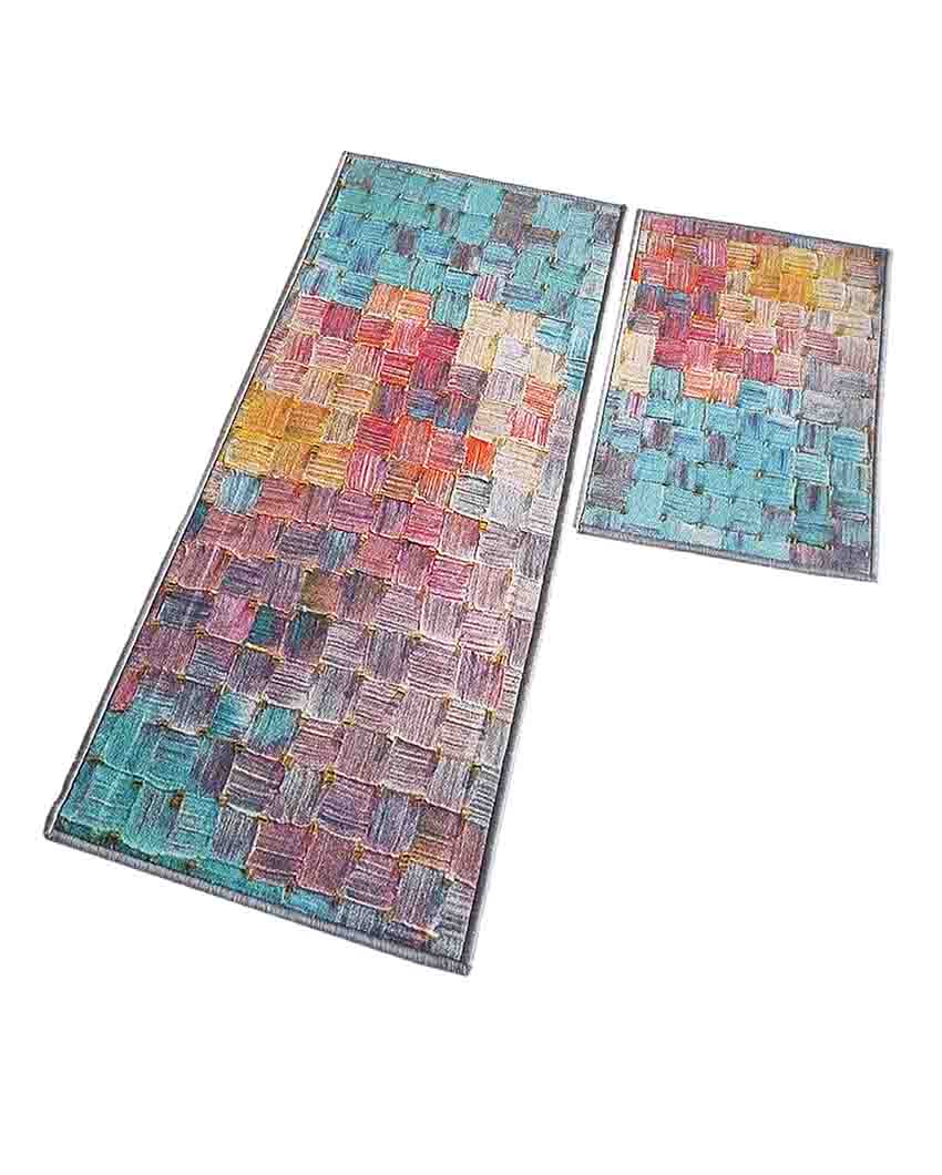 Abstract Nylon Anti-Slip Runner & Floor Mat Set Turquoise