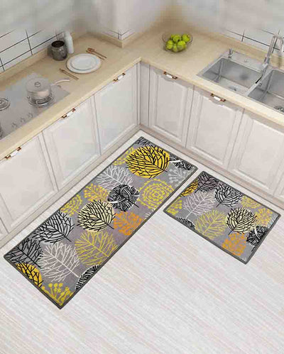 Floral Nylon Anti-Slip Runner & Floor Mat Set Grey