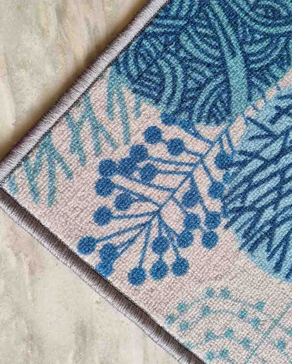 Floral Nylon Anti-Slip Runner & Floor Mat Set Blue