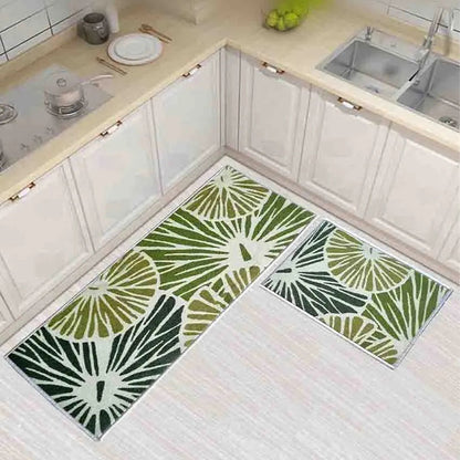 Green Lotus leaf Floral Nylon Anti-Slip Kitchen Mat Set| 47x20 Inches