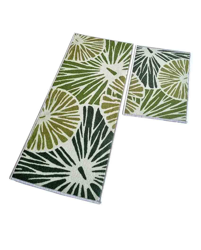 Green Lotus leaf Floral Nylon Anti-Slip Runner & Floor Mat Set