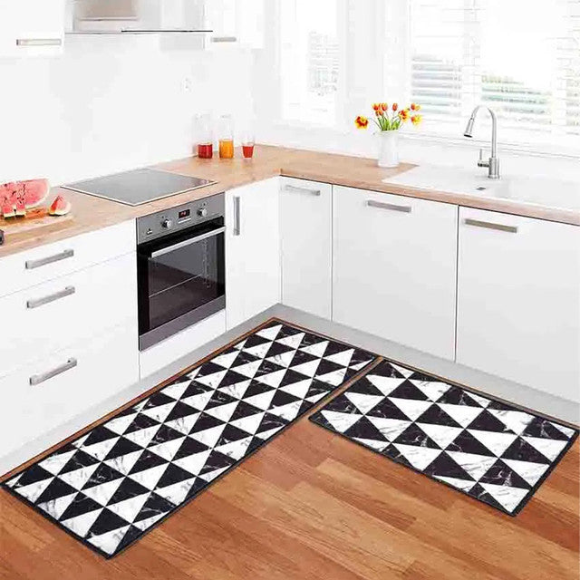 Black Marble Geometric Nylon Anti-Slip Kitchen Mat | Set of 2