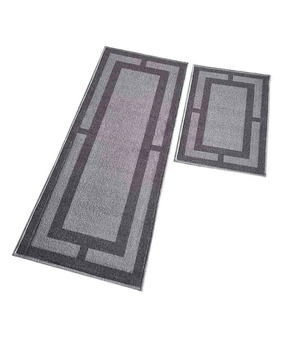 Grey Border Geometric Nylon Anti-Slip Runner & Floor Mat Set